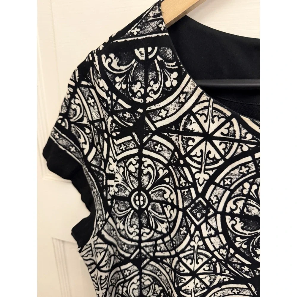 Nicole Miller Collection Women's Black White Patterned Silk Shift Dress Large